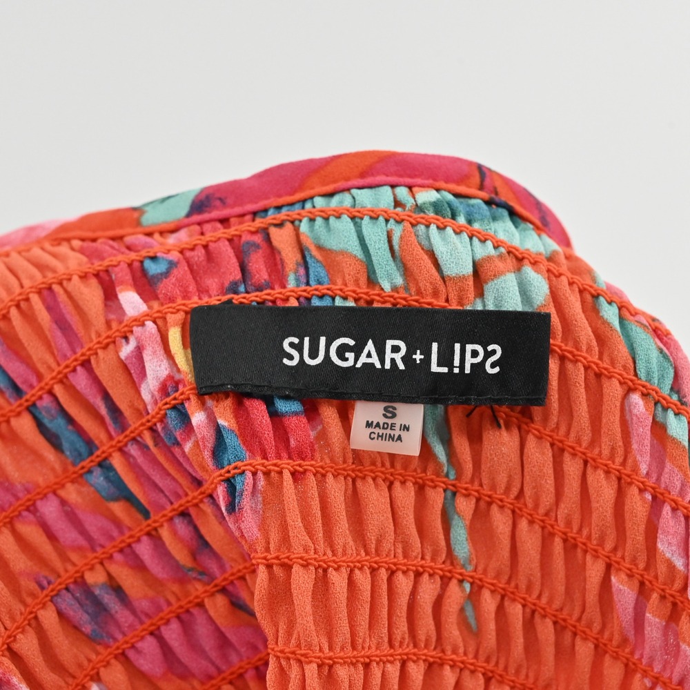 Sugar Lips Floral Smocked Ruffle Top Size S Tropical Vacation Sleeveless Orange - Picture 6 of 13